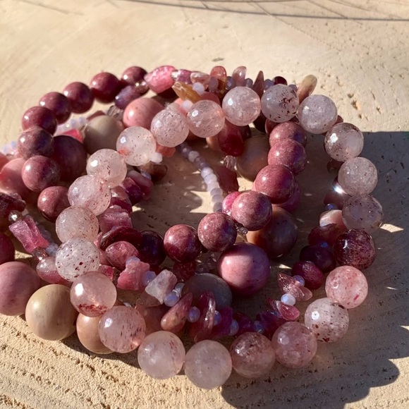 Natural Strawberry Quartz, Pink Rhodonite & Raw Tourmaline Gemstone Bracelets - Picture 2 of 15